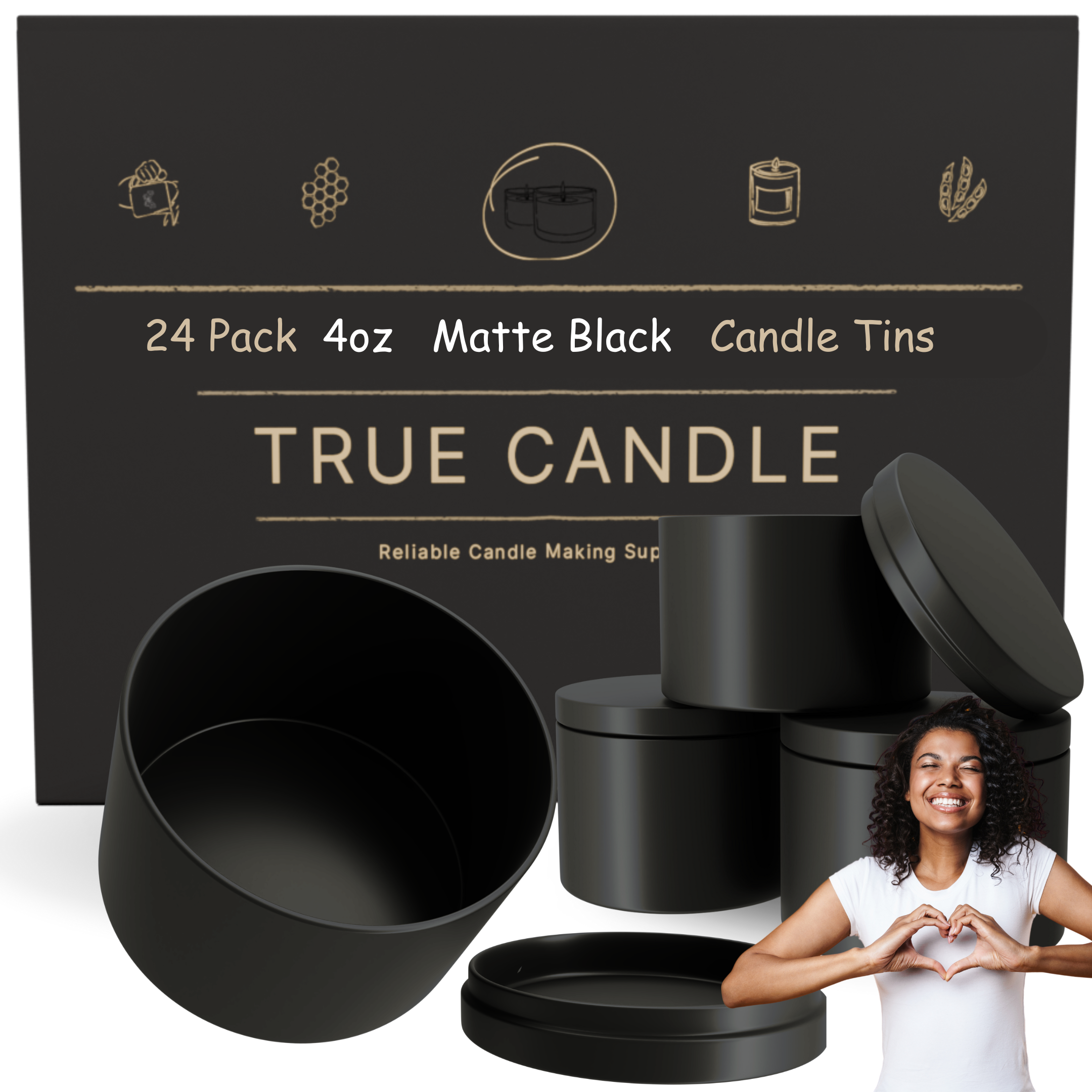 True Candle Tins - Matte Black with packaging in the background. Wholesale options.