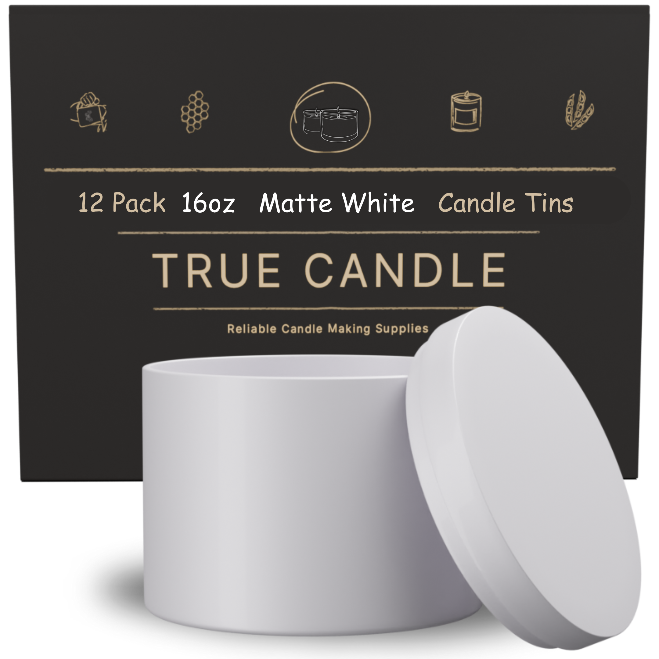 True Candle Tins - Matte White with packaging in the background. Wholesale options.