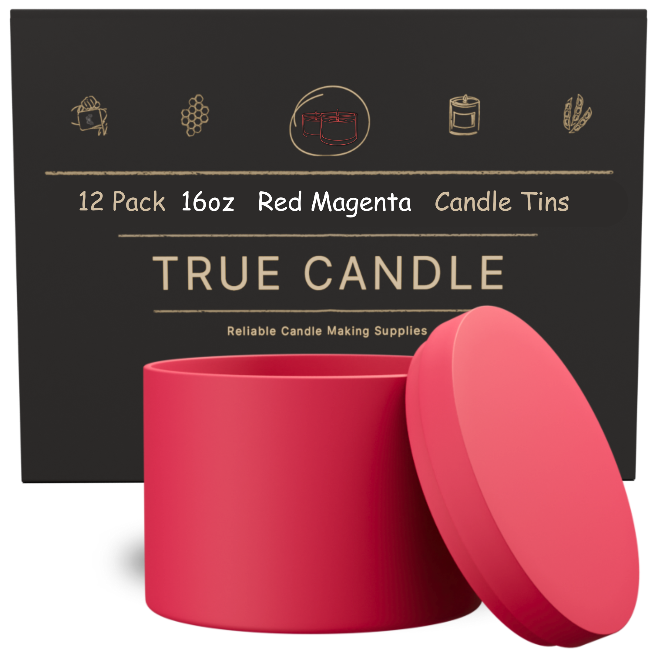 True Candle Tins - Red Magenta with packaging in the background. Wholesale options.