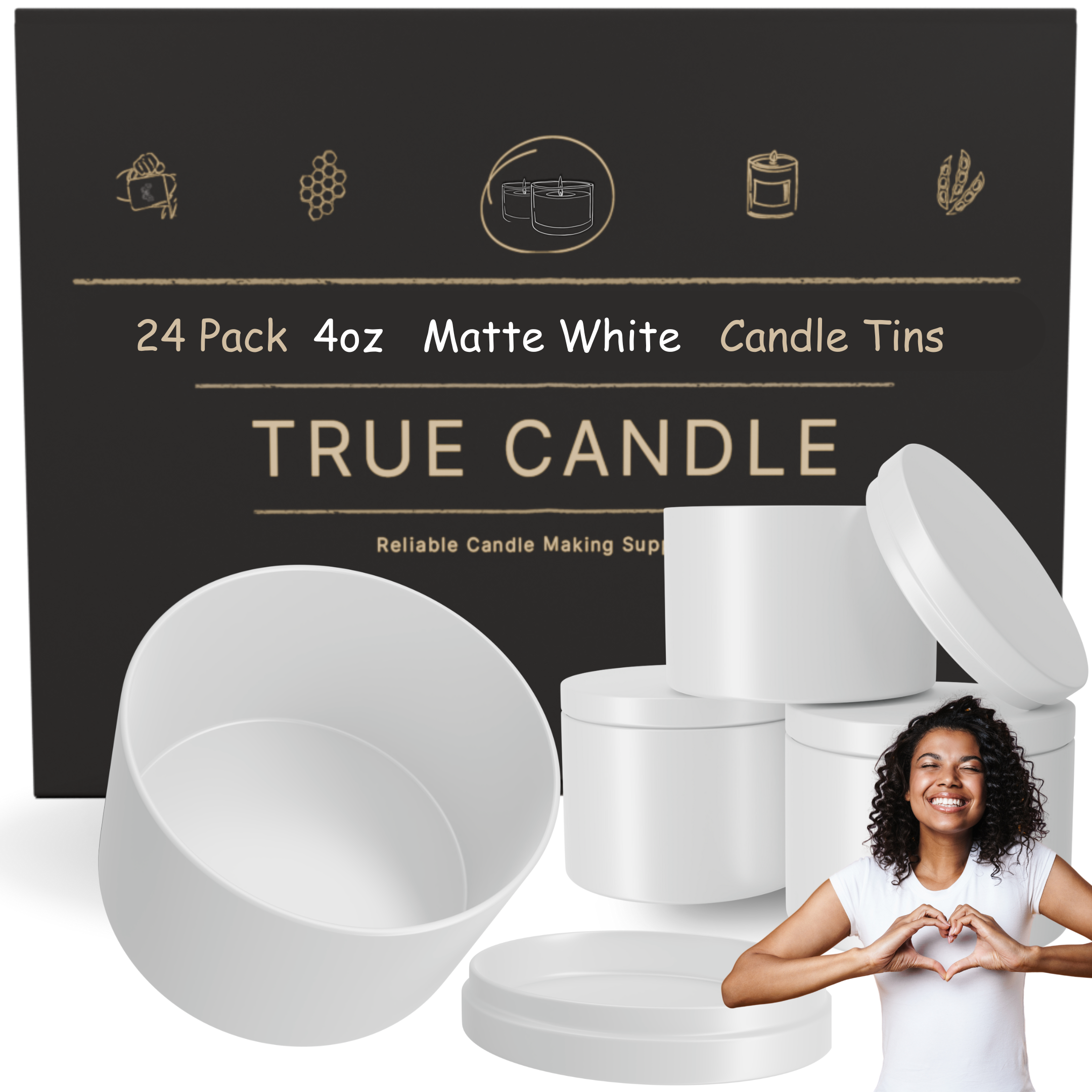 True Candle Tins - Matte White with packaging in the background. Wholesale options.