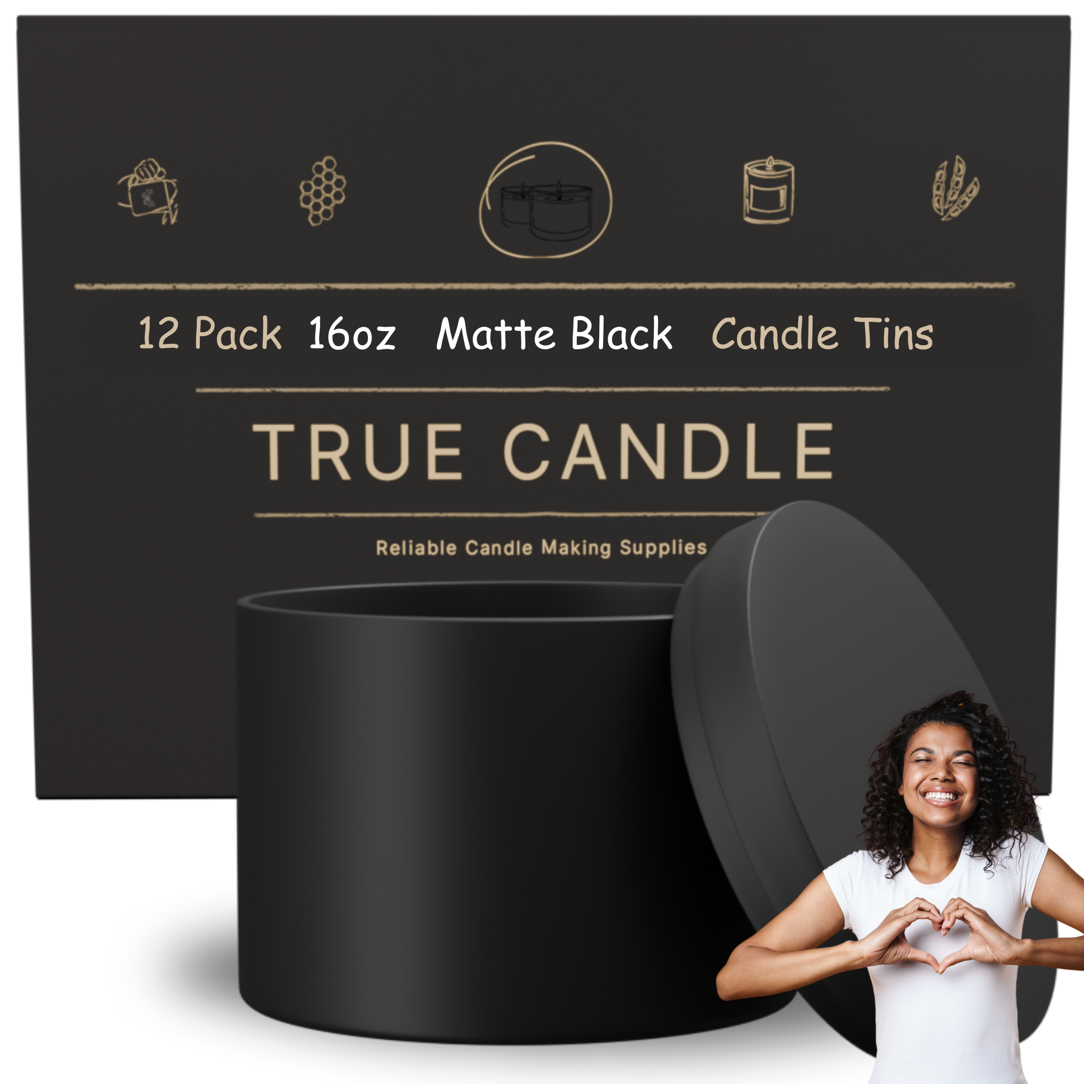 True Candle Tins - Matte Black with packaging in the background. Wholesale options.