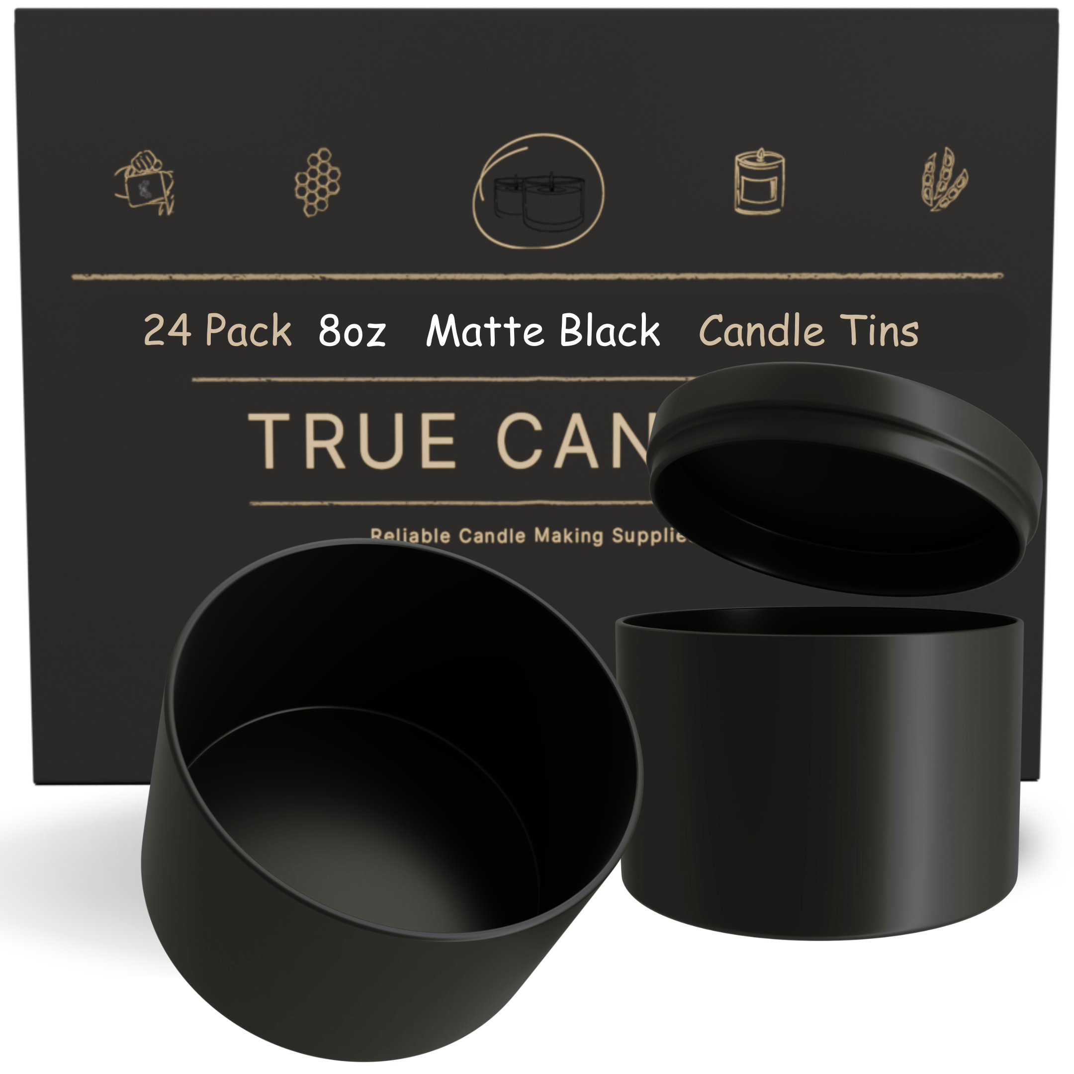 True Candle Tins - Matte Black with packaging in the background. Wholesale options.