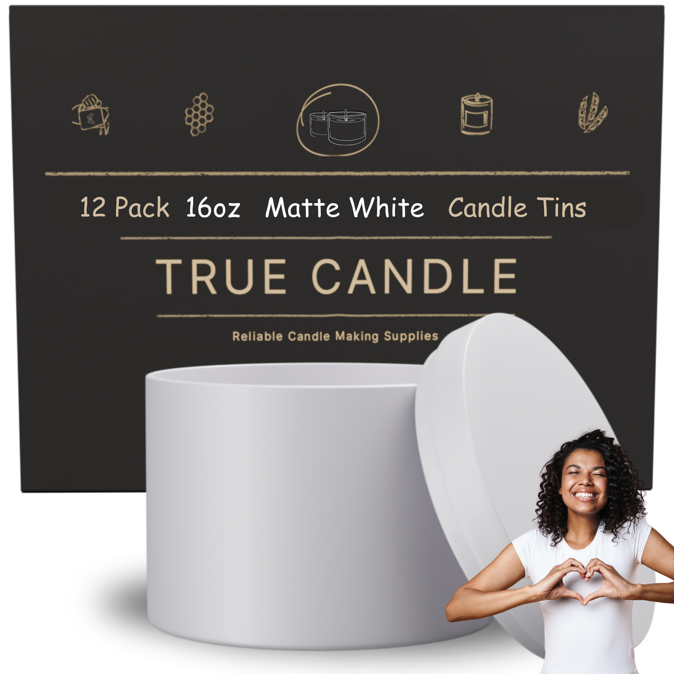 True Candle Tins - Matte White with packaging in the background. Wholesale options.