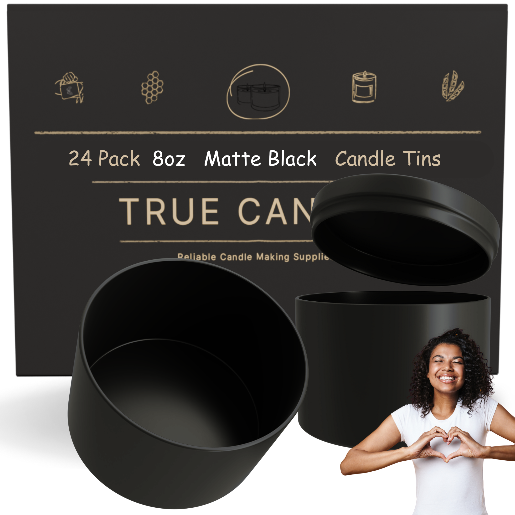 True Candle Tins - Matte Black with packaging in the background. Wholesale options.