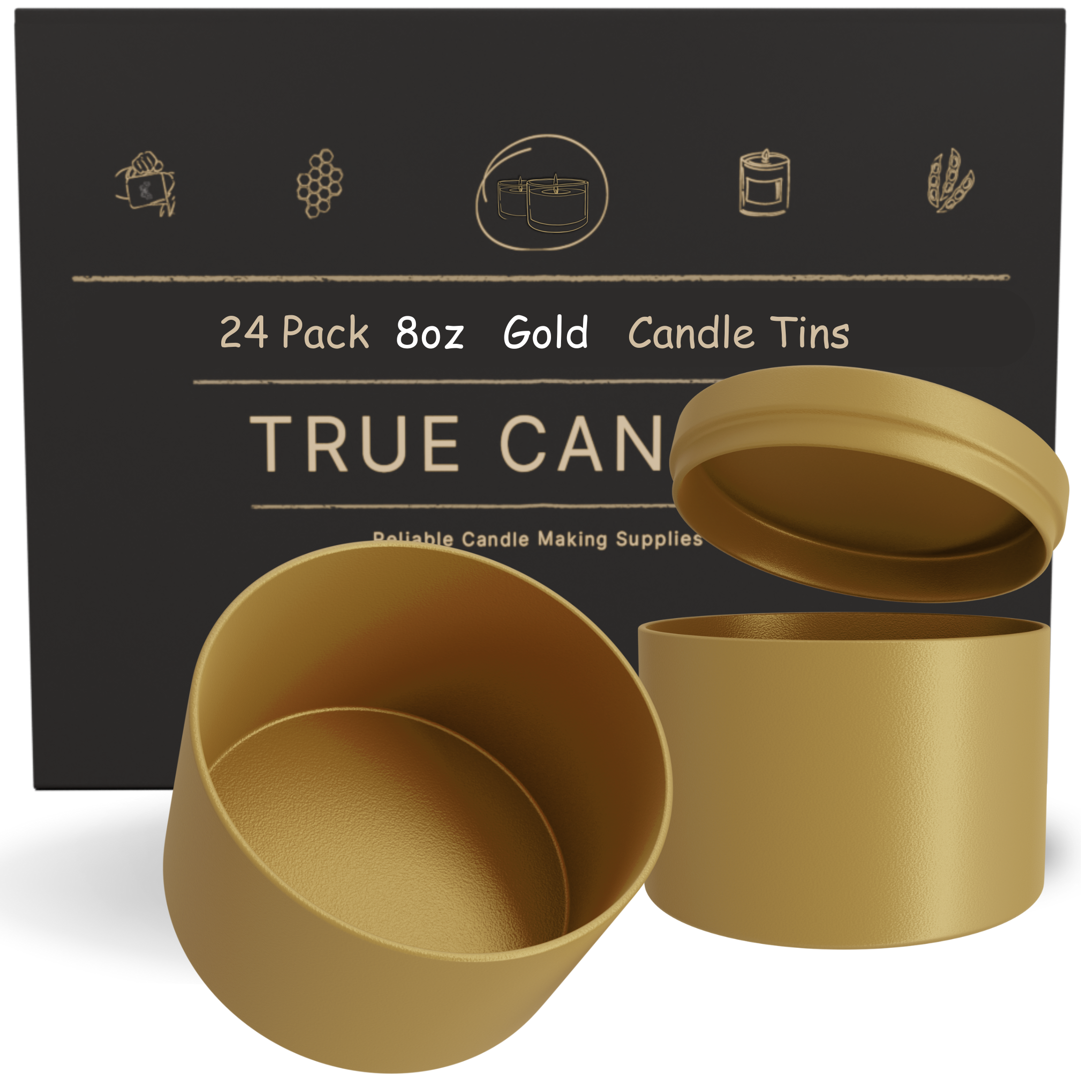 True Candle Tins - Gold with packaging in the background. Wholesale options.