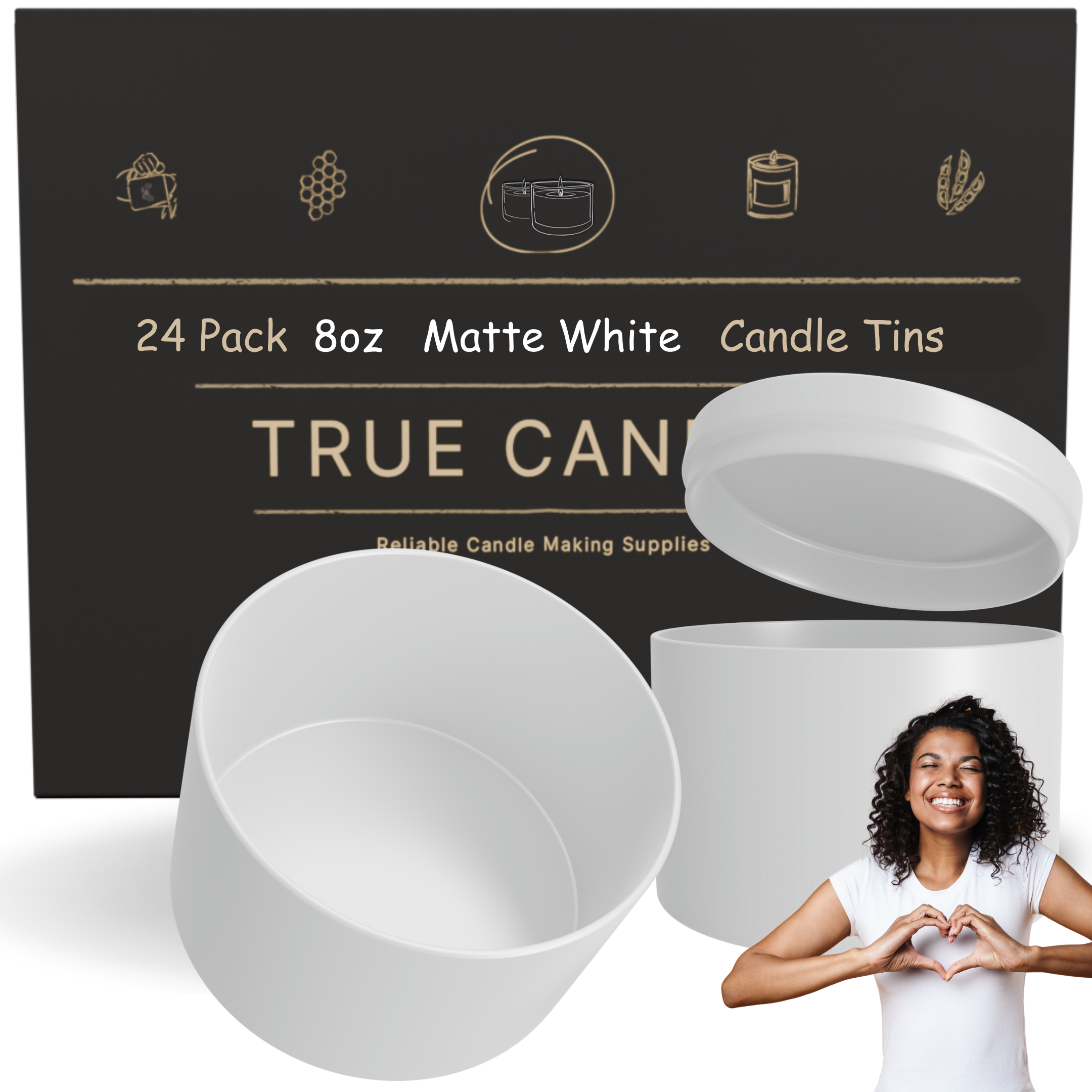 True Candle Tins - Matte White with packaging in the background. Wholesale options.