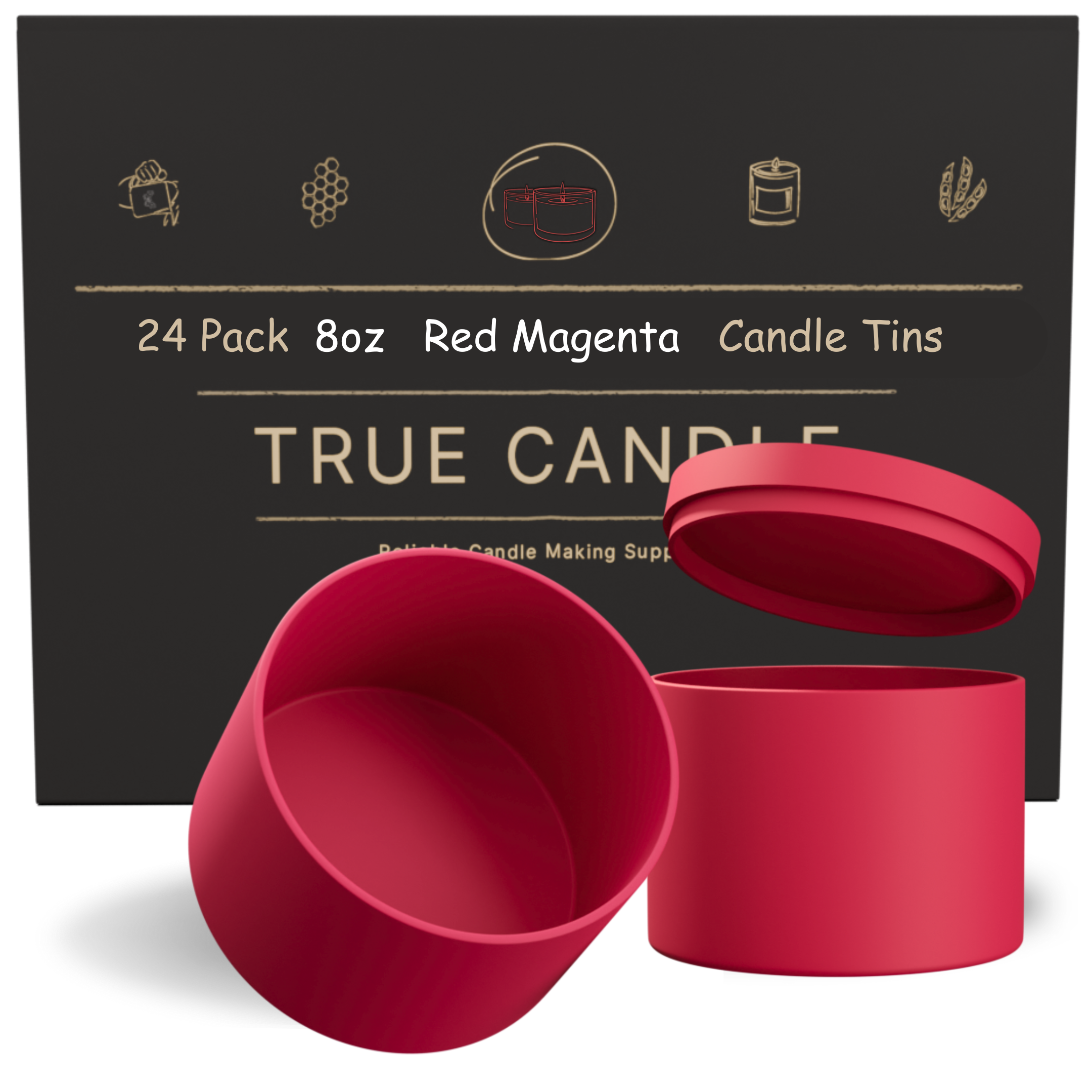 True Candle Tins - Red Magenta with packaging in the background. Wholesale options.