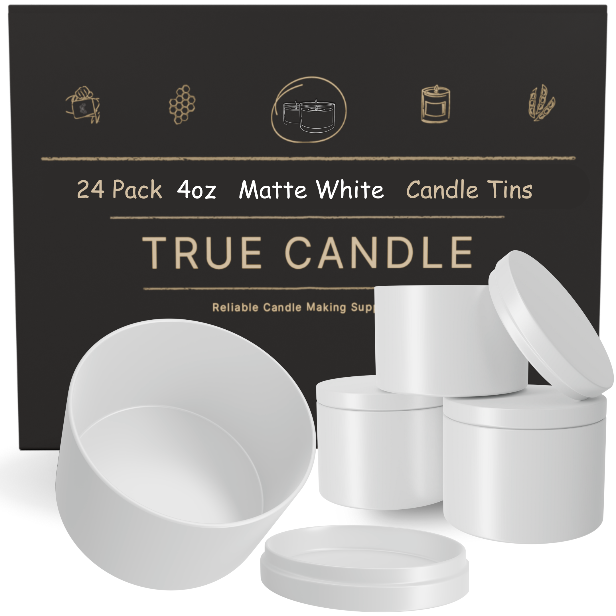 True Candle Tins - Matte White with packaging in the background. Wholesale options.