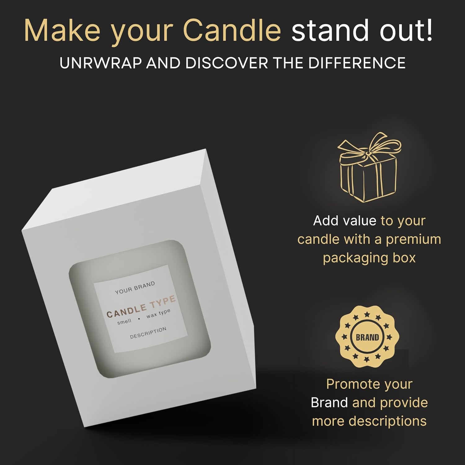 Candle Jars with Gift Box, matching Color. Provides space for extra branding and enhanced presentation.