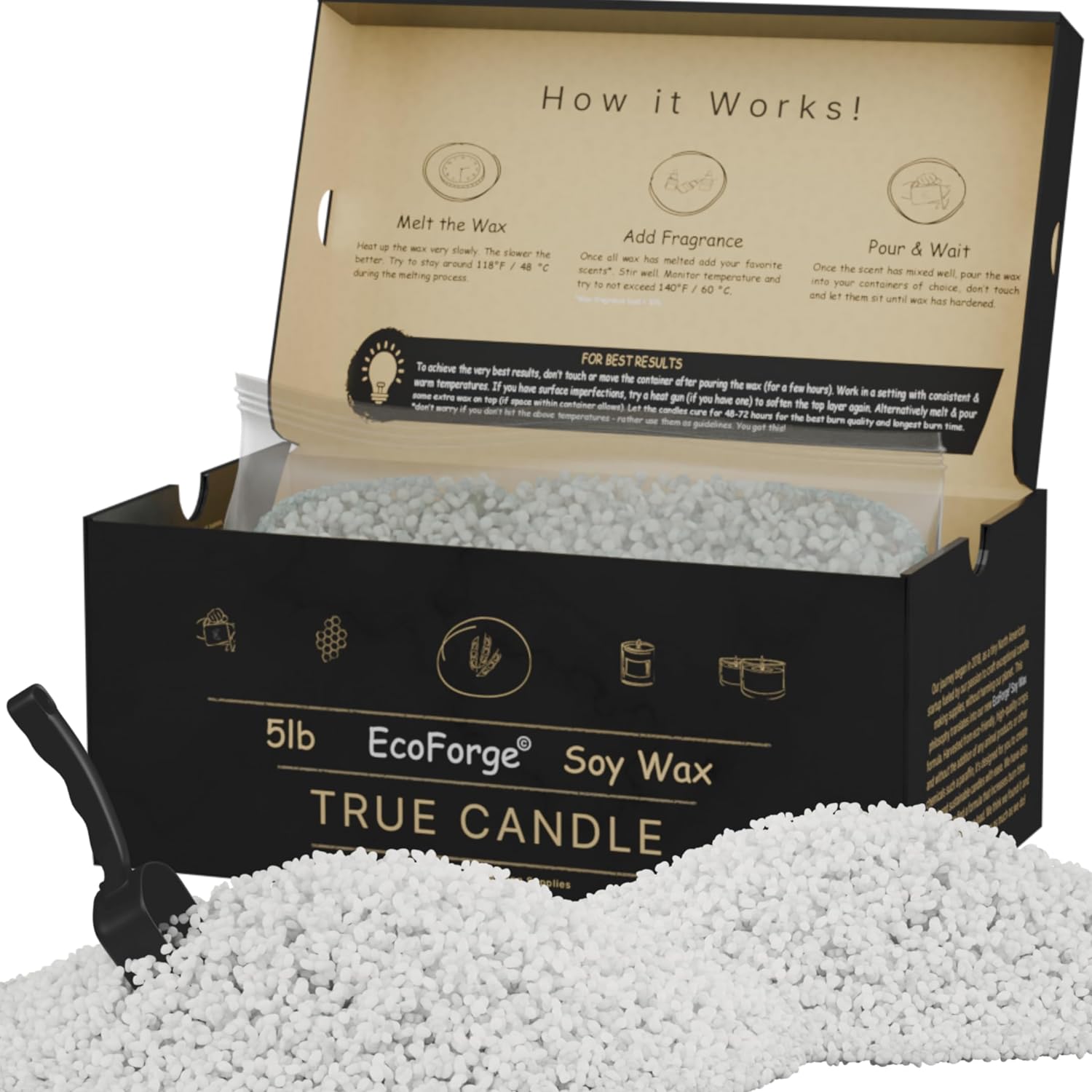 Candle Making Soy Wax in Microwavable Pellets. Displayed with packaging and instructions.