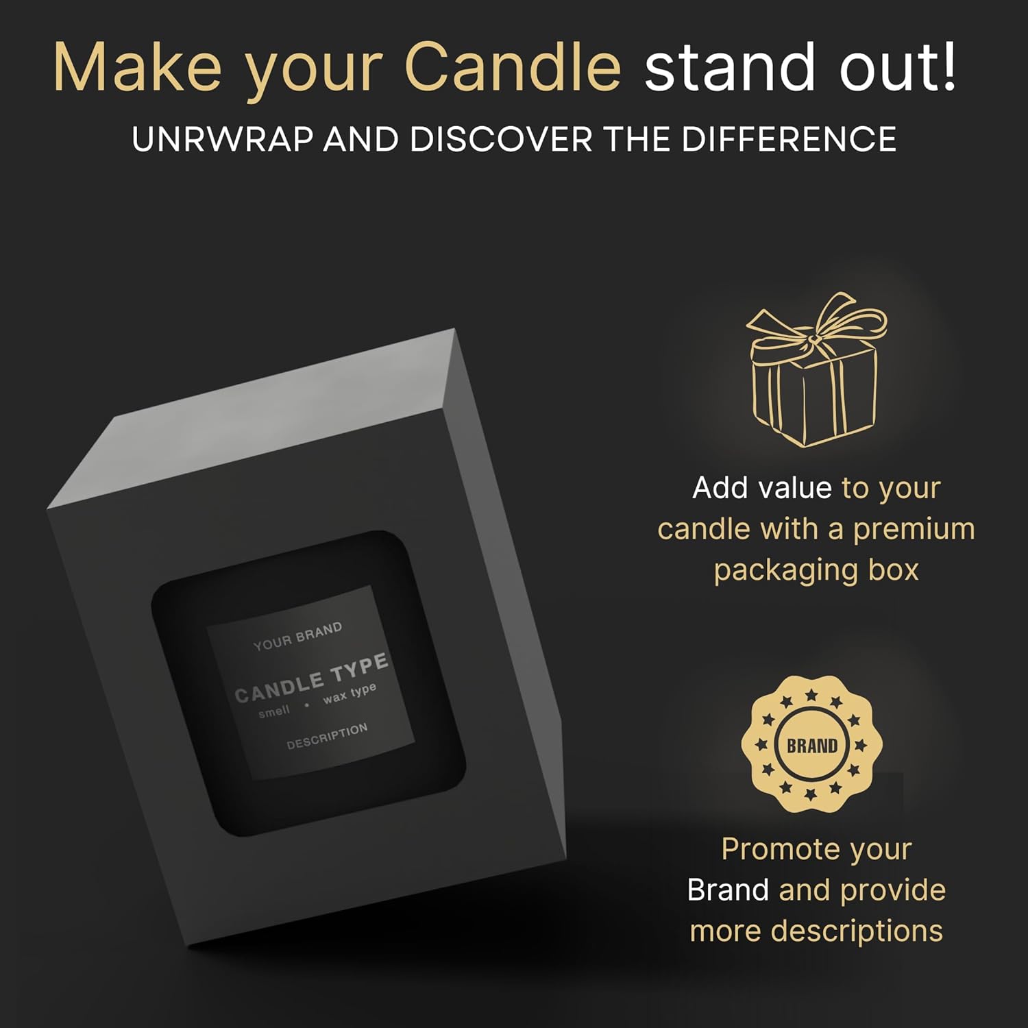 Candle Jars with Gift Box, matching Color. Provides space for extra branding and enhanced presentation.