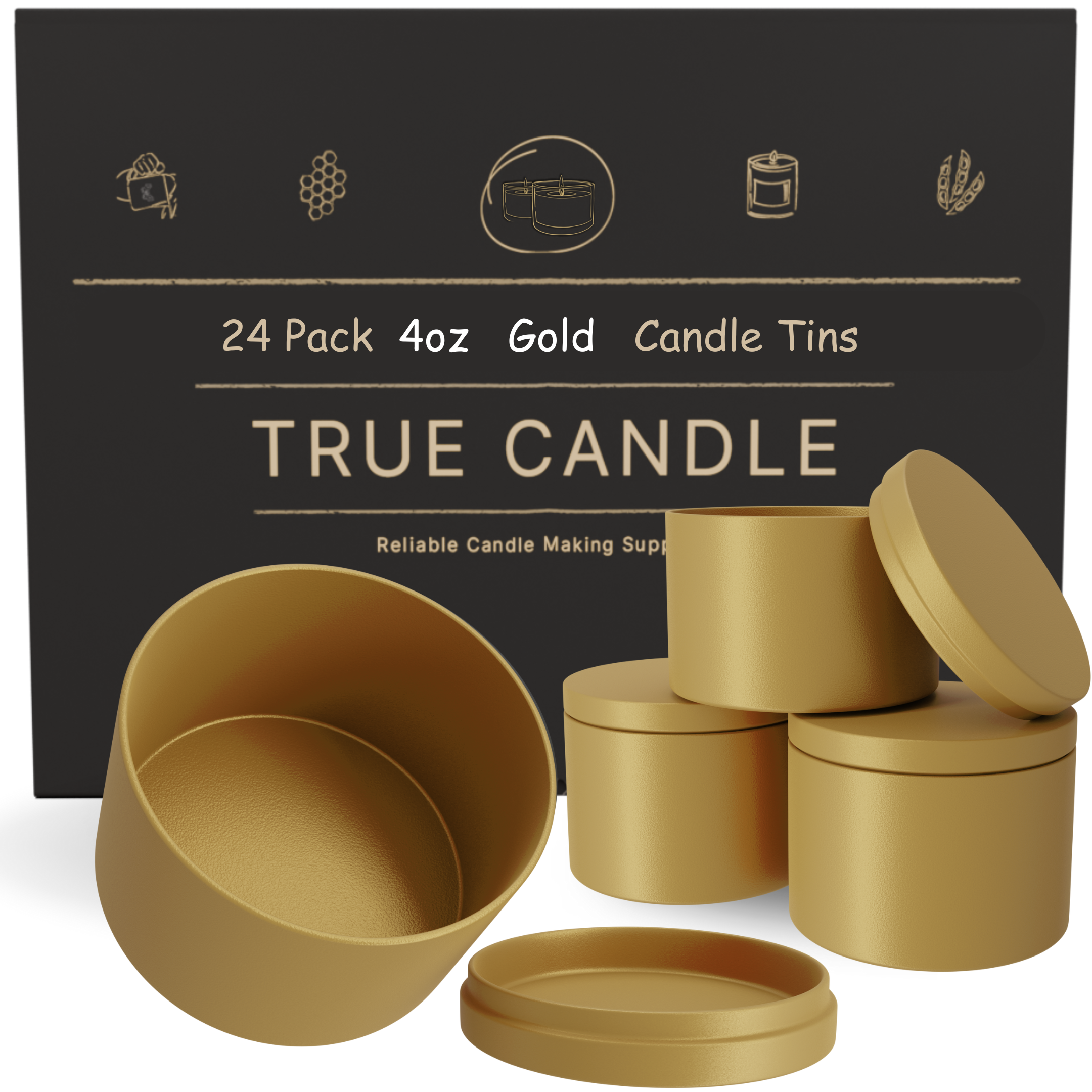 True Candle Tins - Gold with packaging in the background. Wholesale options.