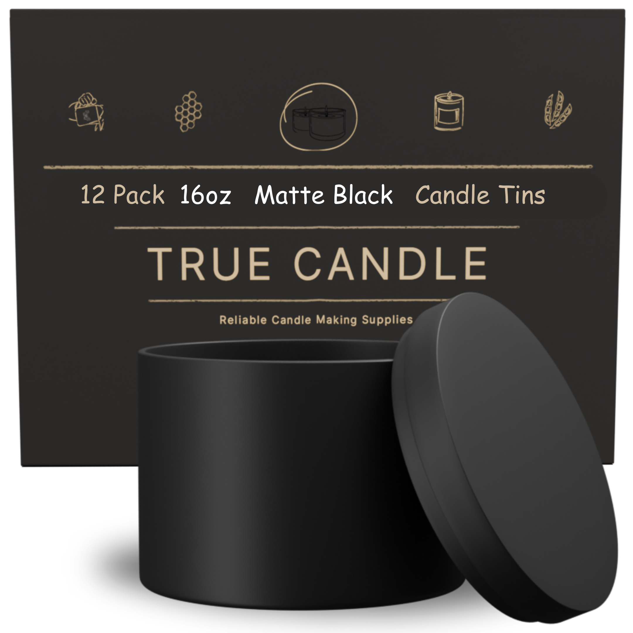 True Candle Tins - Matte Black with packaging in the background. Wholesale options.