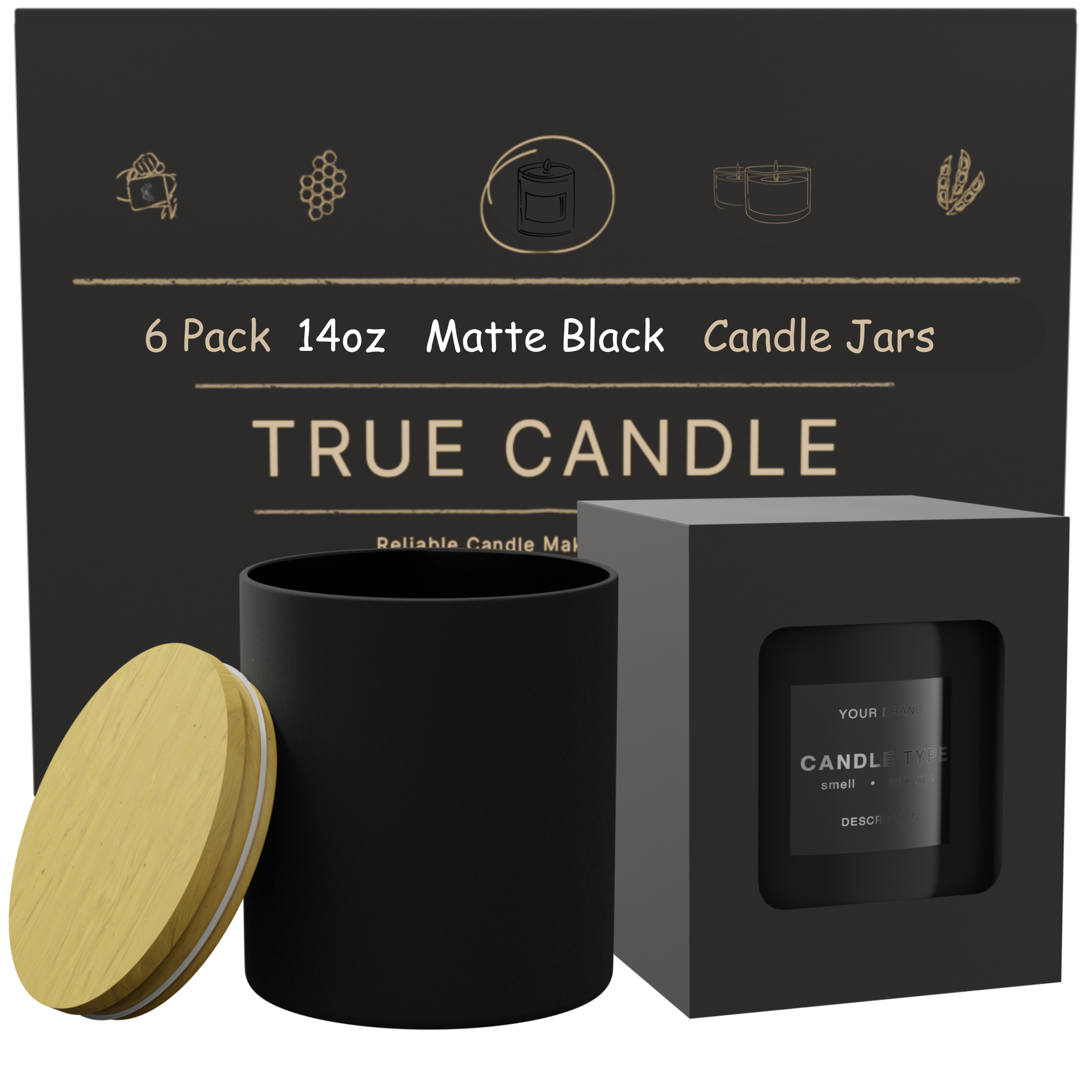 Candle Jars with Lids, 14oz, 6-Pack, Matte Black Color. Packaging Included.